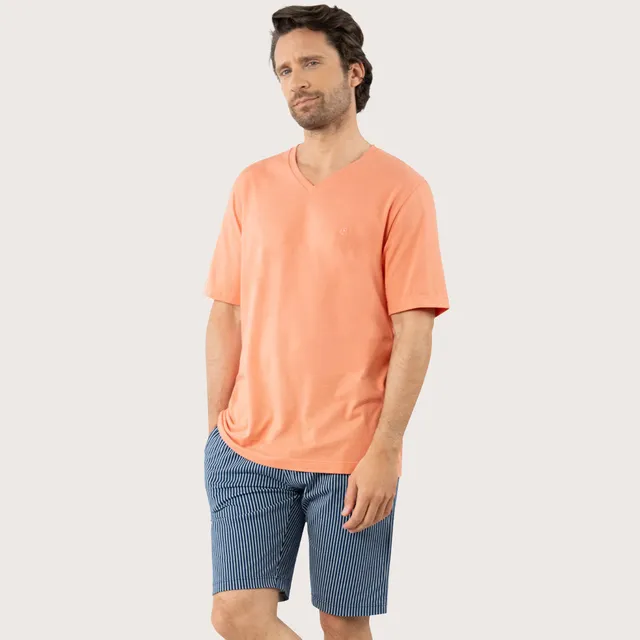 eminence-pyjama-court-col-v-homme-coton-bio-rayures-corail image 1