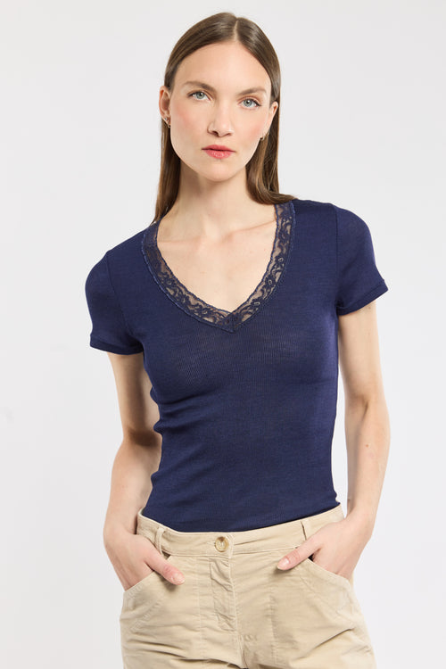 armor-lux-mc-t-shirt-nuit-femme-laine-et-soie-col-v-dentelle-manches-courtes image 4