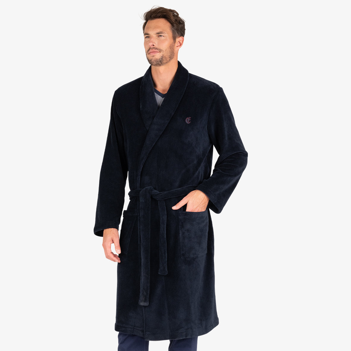 eminence-polaire-robe-de-chambre-homme-ceinture-et-poches-marine image 1