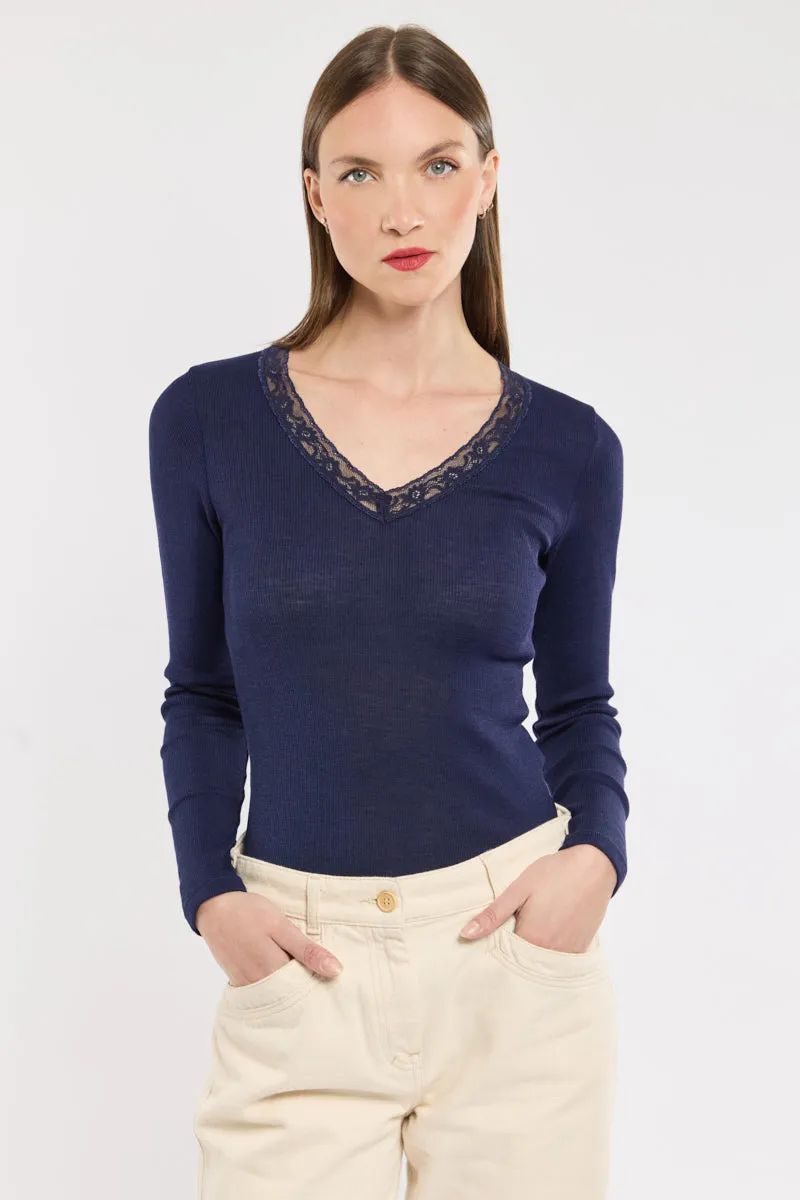 armor-lux-t-shirt-de-nuit-femme-manches-longues-laine-et-soie-dentelle image 1