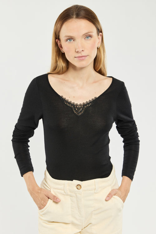 armor-lux-t-shirt-femme-manches-longues-laine-et-soie-col-v-dentelle-4 image 2