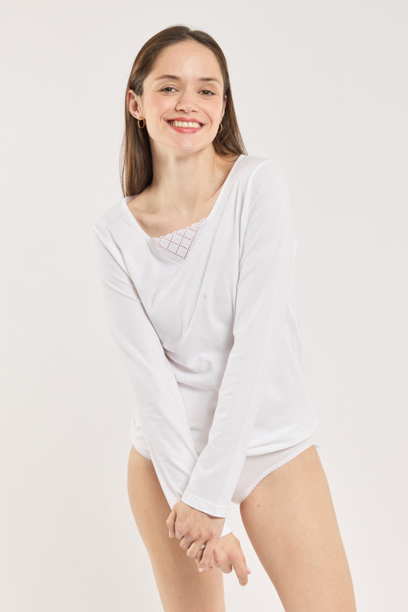 armor-lux-t-shirt-femme-col-v-dentelle-manches-longues-coton image 2