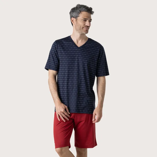 eminence-club-pyjama-court-homme-merceris-col-v-marine-rouge image 1