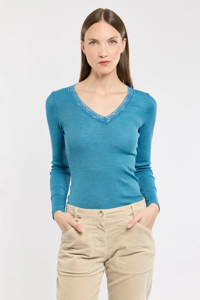 armor-lux-t-shirt-nuit-femme-manches-longues-laine-et-soie-col-v image 1