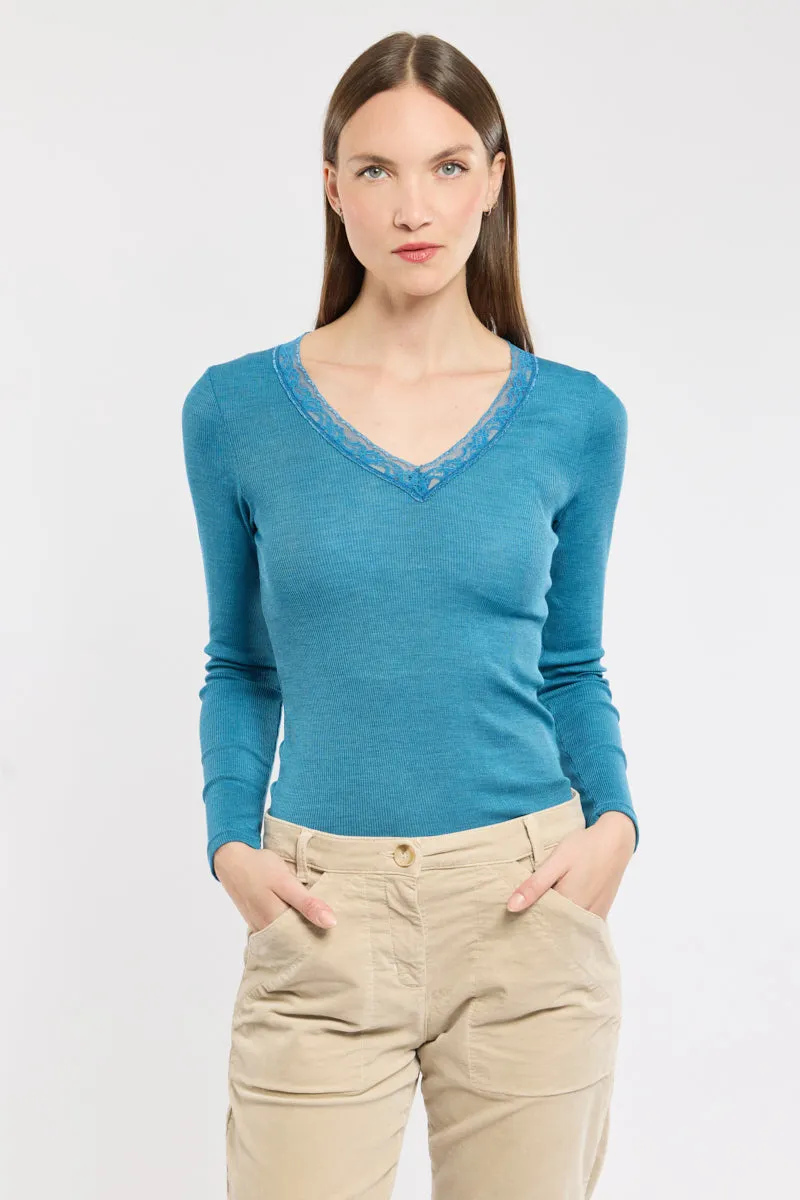 armor-lux-t-shirt-nuit-femme-manches-longues-laine-et-soie-col-v image 1