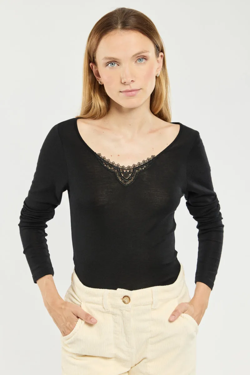 armor-lux-t-shirt-femme-manches-longues-laine-et-soie-col-v-dentelle-7 image 1