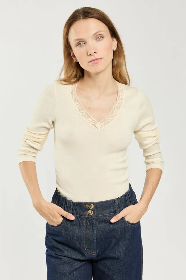 armor-lux-t-shirt-manches-longues-laine-et-soie-femme-col-v-dentelle image 1