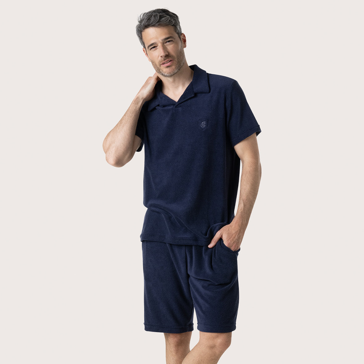 eminence-pyjama-court-homme-ponge-marine-poche-broderie image 1