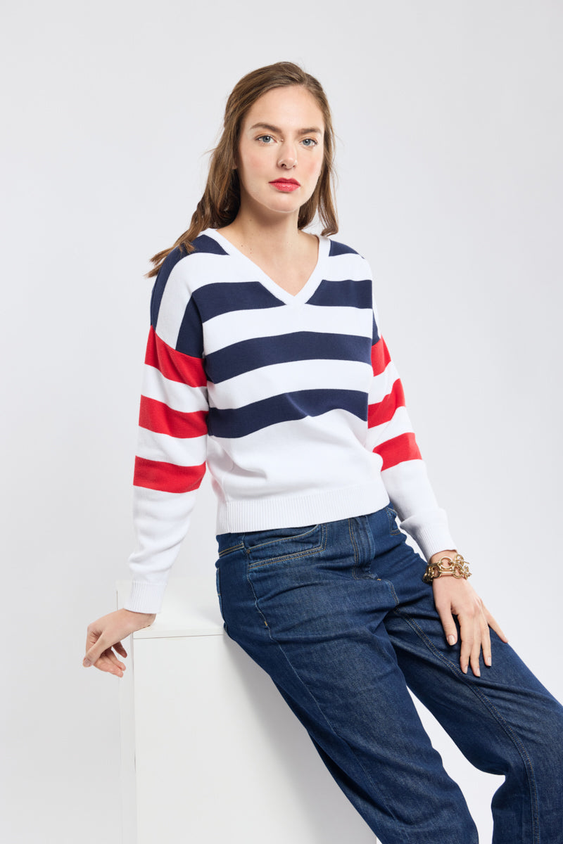 armor-lux-deauville-pull-ray-col-v-coton-femme image 2