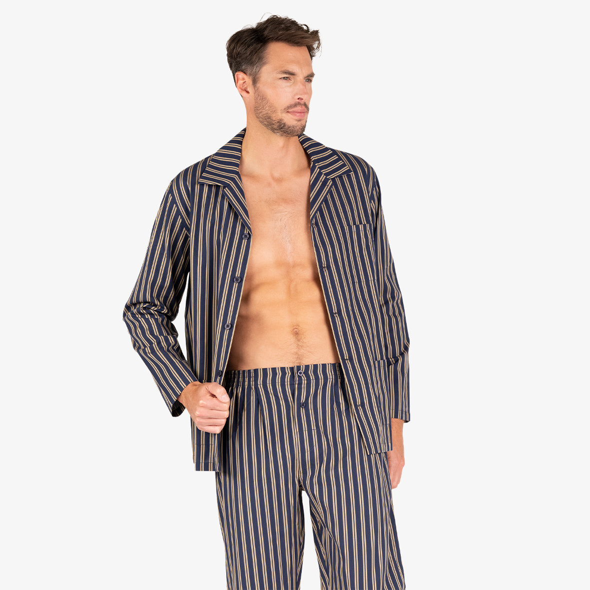 eminence-pyjama-long-ouvert-popeline-coton-marine-ray-homme image 1