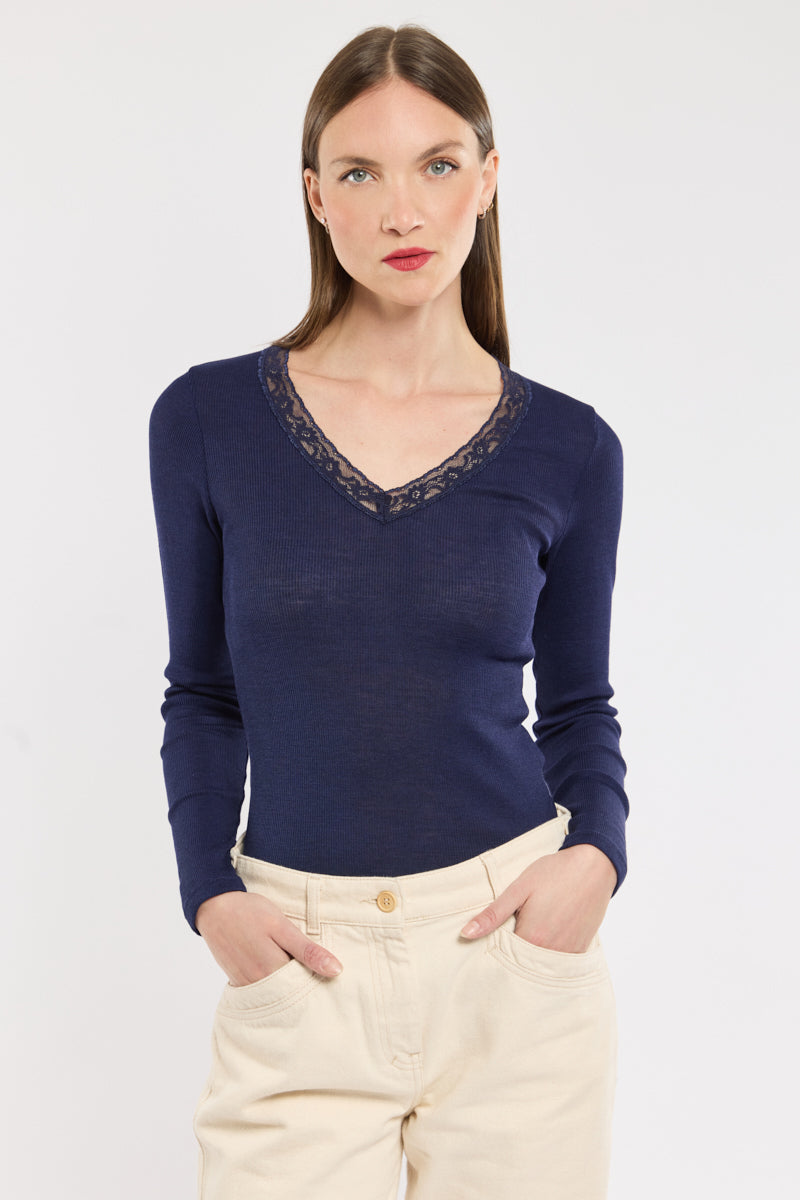 armor-lux-t-shirt-de-nuit-femme-manches-longues-laine-et-soie-dentelle image 1