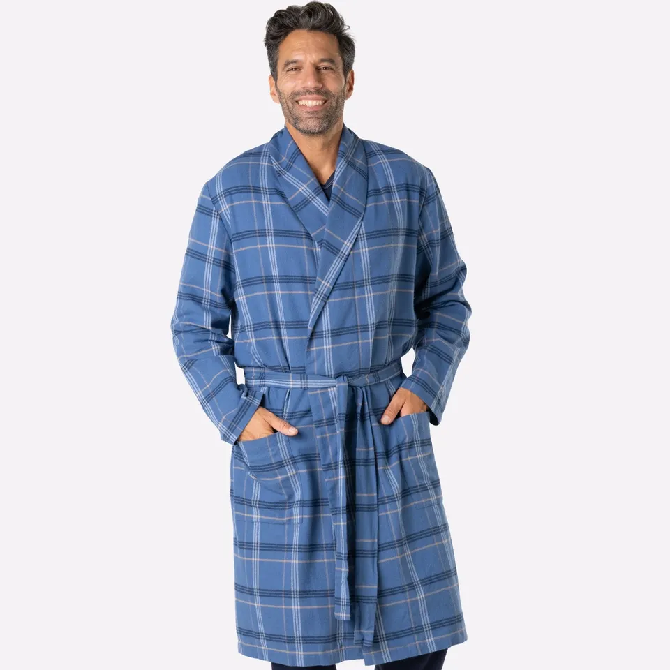 eminence-robe-de-chambre-homme-flanelle-carreaux-bleu-beige-blanc image 1