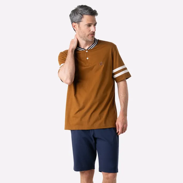 eminence-club-pyjama-court-homme-col-t-marron-marine image 1