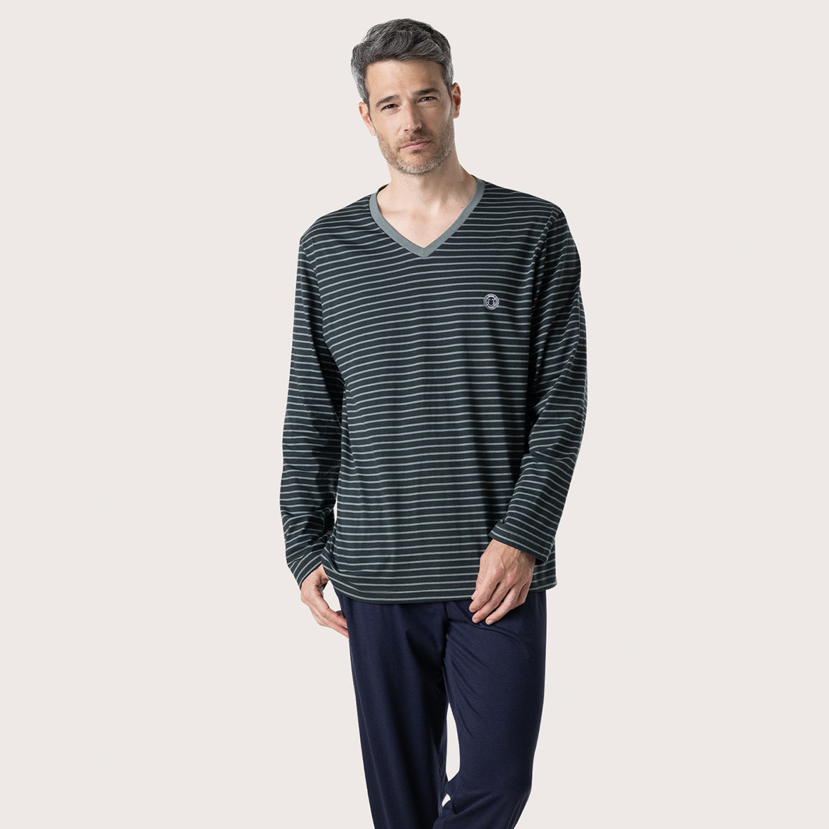 eminence-pyjama-long-homme-smileyworld-jersey-coton-vert-marine image 1