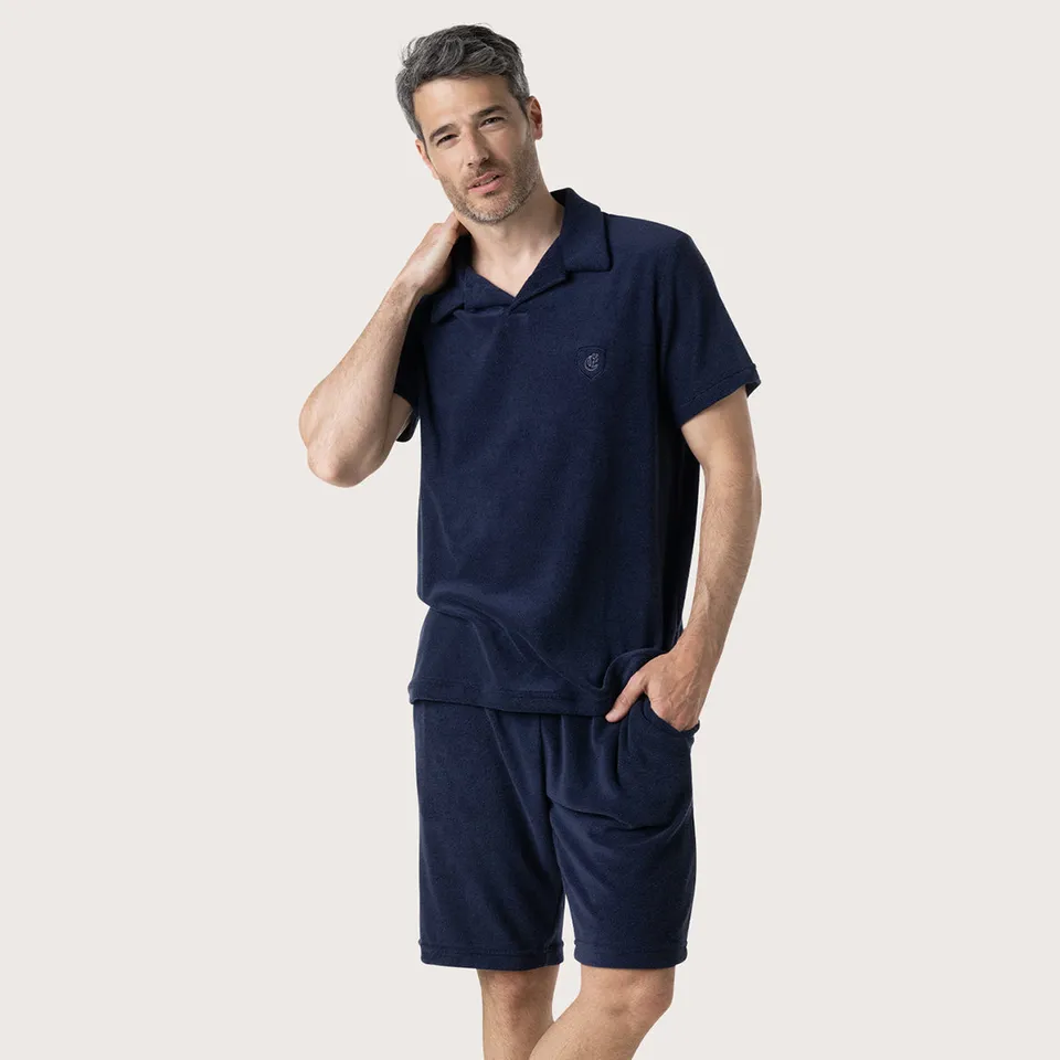 eminence-pyjama-court-homme-ponge-marine-poche-broderie image 1