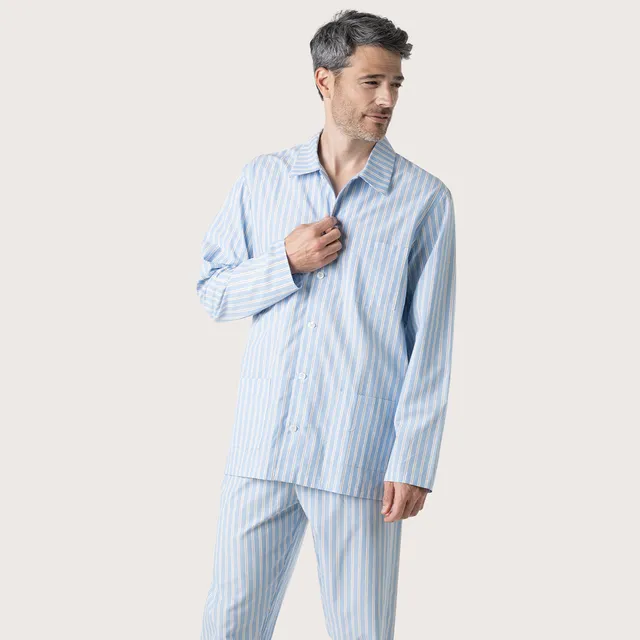 eminence-pyjama-long-homme-popeline-coton-rayures-ciel-camel image 1