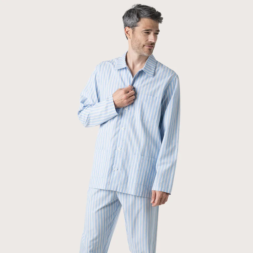 eminence-pyjama-long-homme-popeline-coton-rayures-ciel-camel image 1