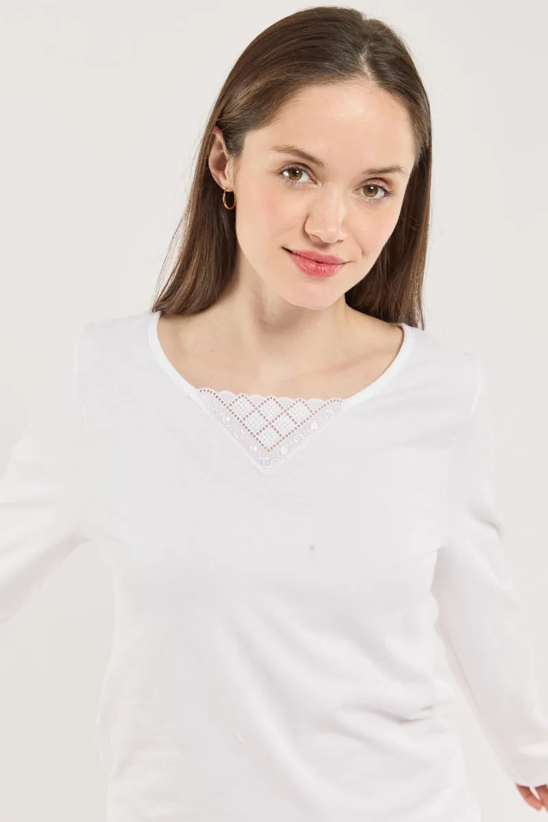 armor-lux-t-shirt-femme-col-v-dentelle-manches-longues-coton image 1