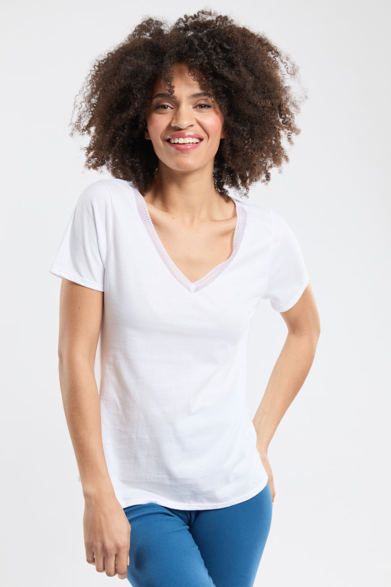armor-lux-t-shirt-col-v-femme-coton-biologique-dentelle image 1