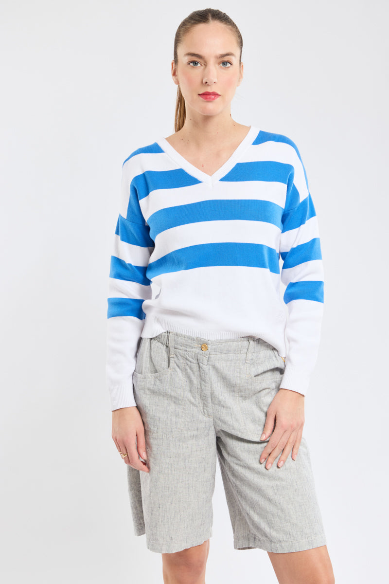 armor-lux-deauville-pull-ray-femme-col-v-coton image 1