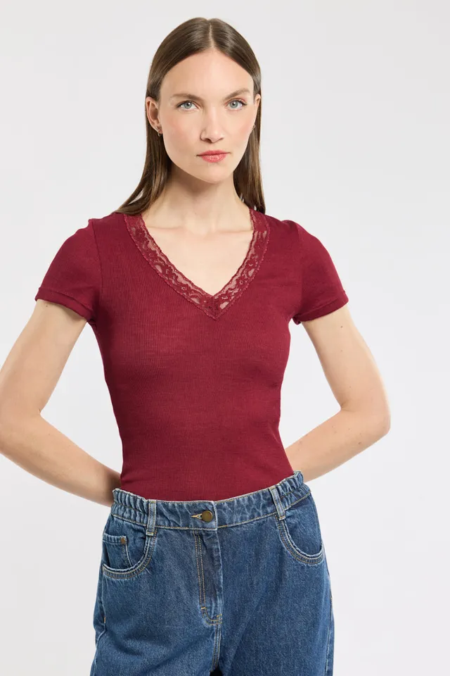 armor-lux-t-shirt-nuit-femme-laine-et-soie-dentelle-col-v image 1