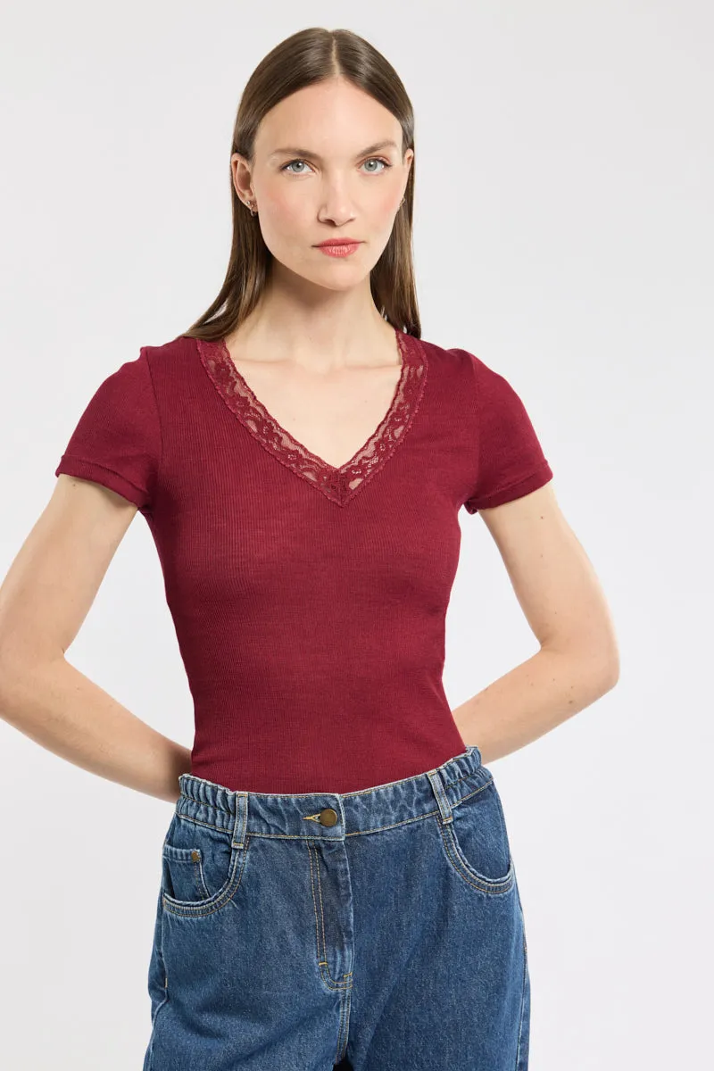 armor-lux-t-shirt-nuit-femme-laine-et-soie-dentelle-col-v image 1