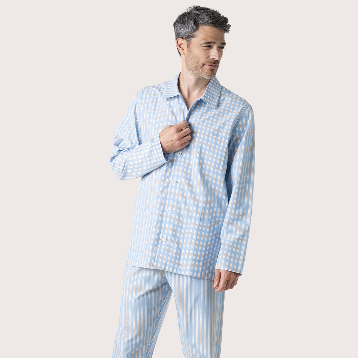 eminence-pyjama-long-homme-popeline-coton-rayures-ciel-camel image 1
