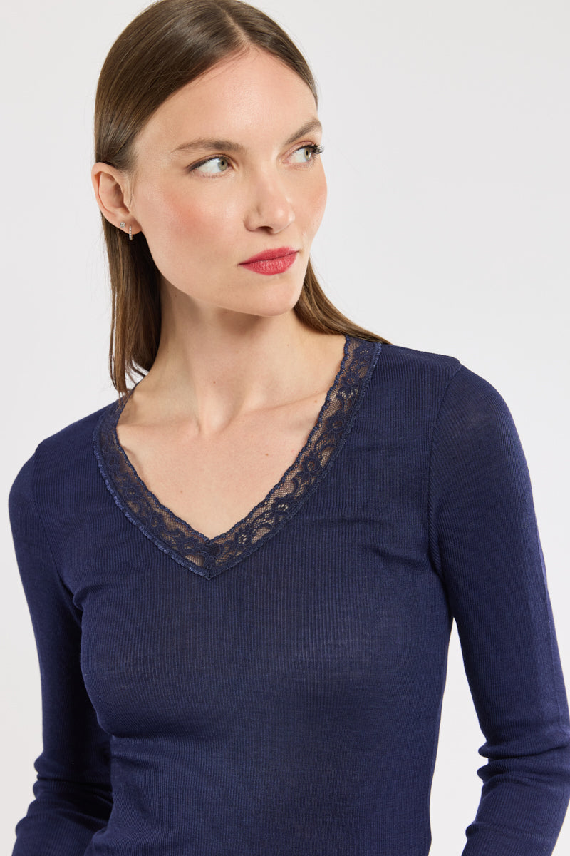 armor-lux-t-shirt-de-nuit-femme-manches-longues-laine-et-soie-dentelle image 2
