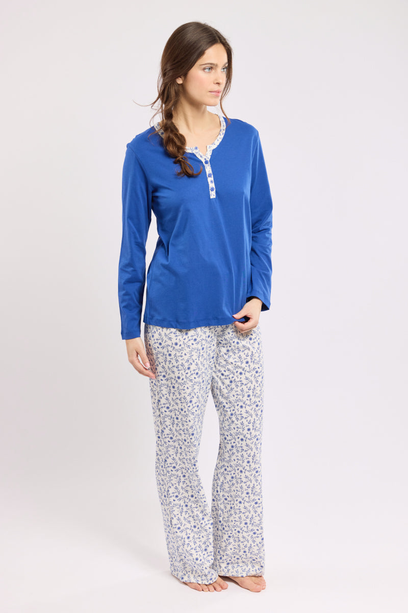 armor-lux-pyjama-femme-coton-haut-uni-pantalon-fleuri-2 image 1