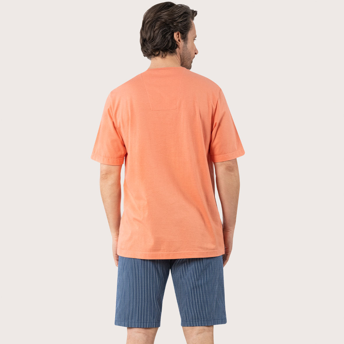 eminence-pyjama-court-col-v-homme-coton-bio-rayures-corail image 3