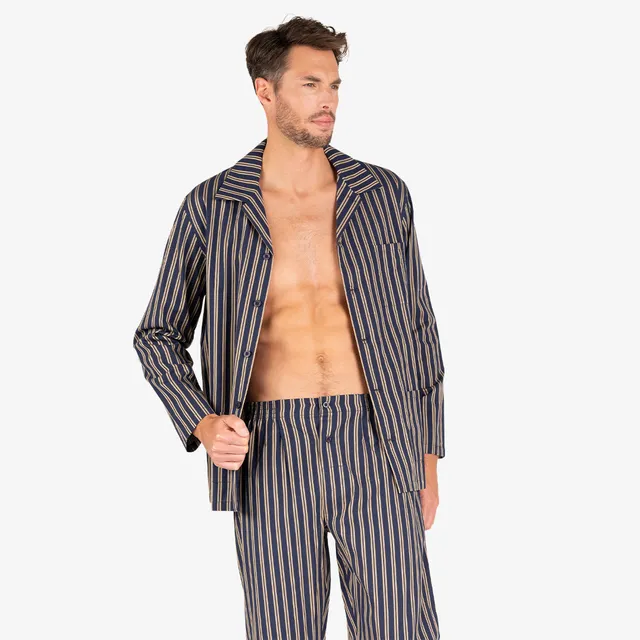 eminence-pyjama-long-ouvert-popeline-coton-marine-ray-homme image 1