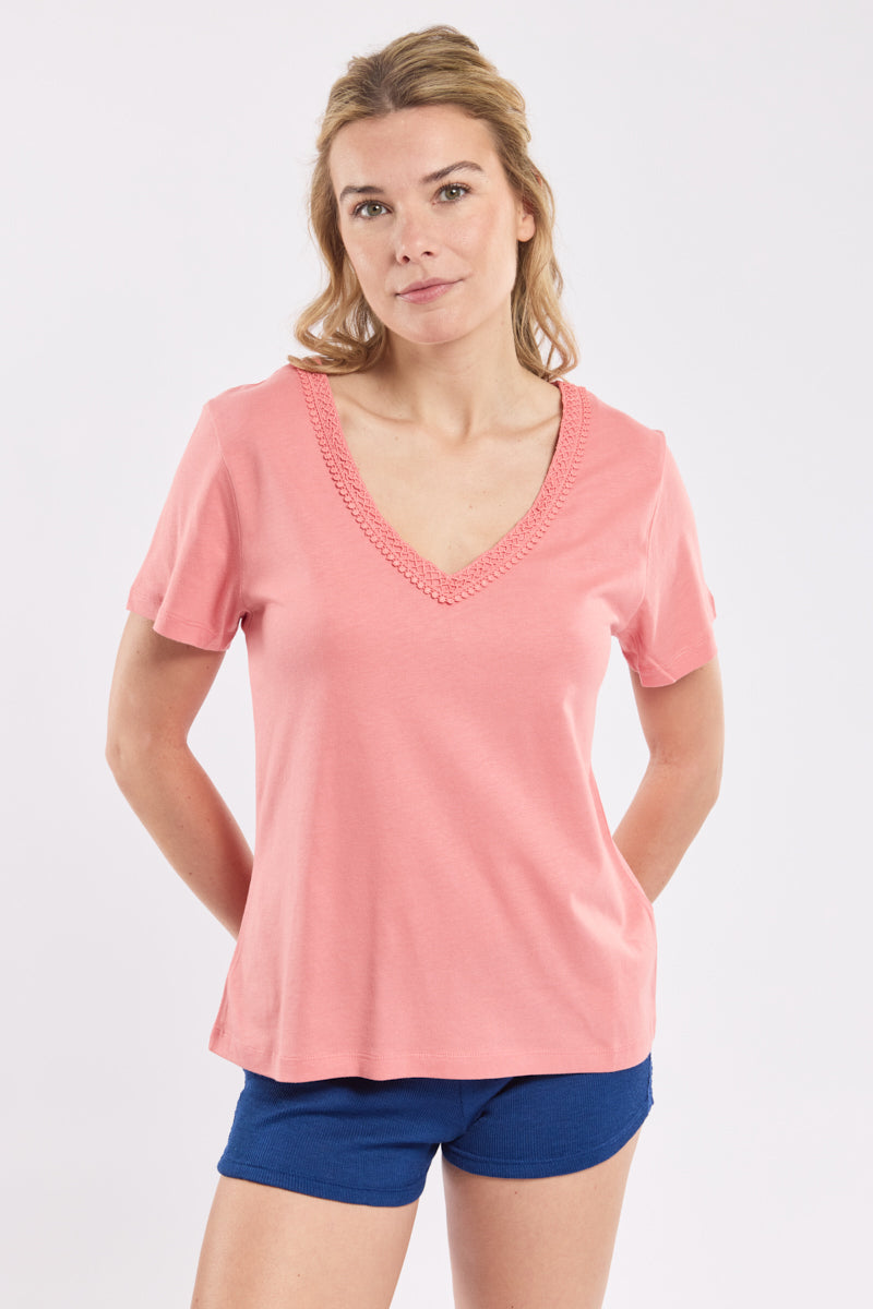 armor-lux-t-shirt-homewear-femme-coton-et-modal-col-v-dentelle-2 image 2