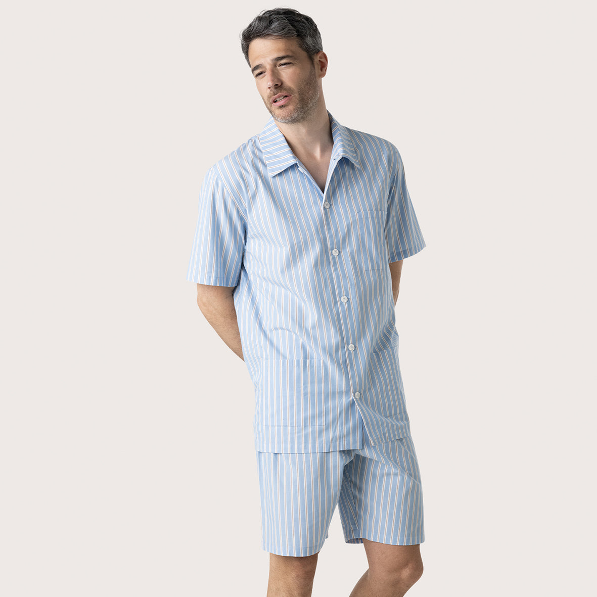 eminence-pyjama-court-ouvert-homme-popeline-ray-ciel-camel image 1