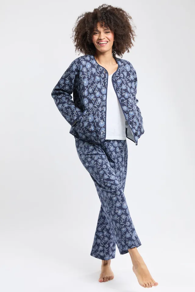 armor-lux-veste-matelass-e-homewear-femme-coton-fleurs-bleues image 1
